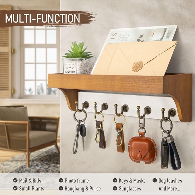 Rebee Vision Key and Mail Holder for Wall with Shelf - Farmhouse House Decor with 5 Rustic Keys Hooks and Decorative Mail Organizer Wall Mount - Decorative Apartment Essentials (Light Brown & White)-Ruum Studio Home