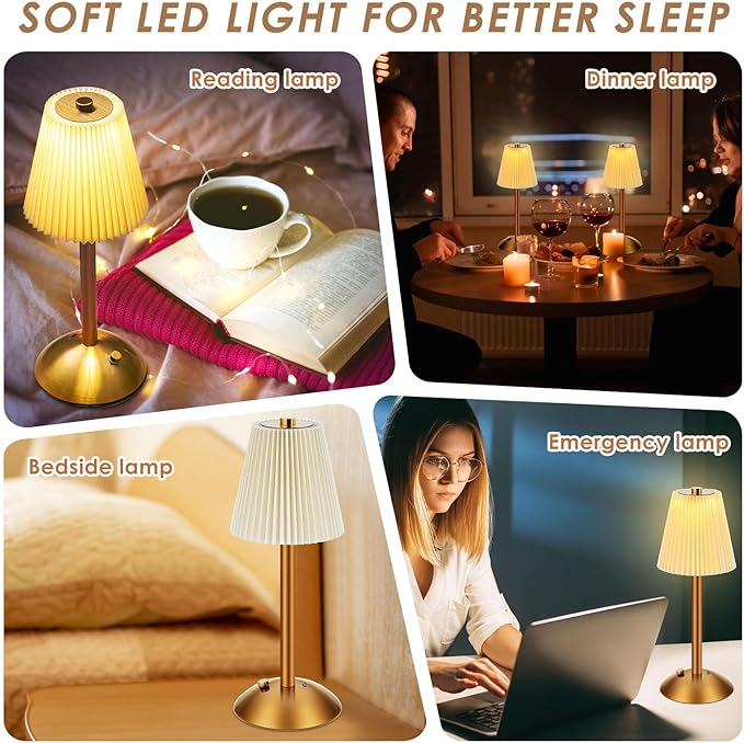 Liliful 2 Pcs LED Portable Cordless Table Lamp Touch Battery Operated Rechargeable Desk Lamp 3 Color Dimmable for Bedroom Living Room Dining (Beige Cloth Style,Gold)-Ruum Studio Home