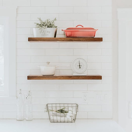 URBANDI, Rustic Floating Shelves, Set of 2, Hidden Bracket, Solid Wood, Heavy Duty, Wall Mounted Shelves, (Provincial, 60Wx10D)-Ruum Studio Home