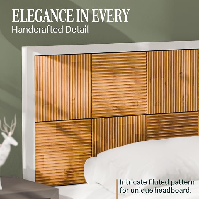 Bme Madia Bed Frame, Mid Century Queen Bed Frame and Headboard with Unique & Trendy Fluted Pattern, 800lbs Capacity Platform Bed Frame, Solid Acacia Wood Slat Support, Easy Assembly White Bed Frame-Ruum Studio Home