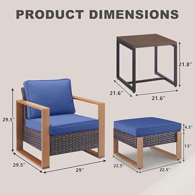 Outdoor Wicker Patio Furniture Set - 5 Piece Patio Conversation Set with 2 Wicker Armrest Chairs,2 Rattan Ottoman, 1 Side Table, Sturdy Frame, Thick Cushions, Deep Seating(Brown/Blue)-Ruum Studio Home