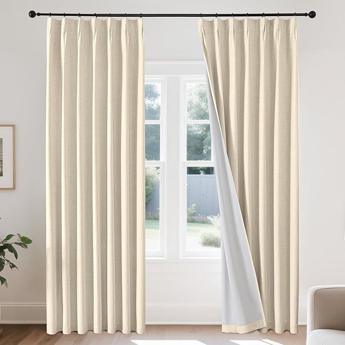 Joydeco Pleated Curtains for Living Room Bedroom, Linen Drapes 90 inch Length 2 Panels Set, Blackout Thermal Insulated Curtain(Bleached Sand,40'' Wx90'' L)-Ruum Studio Home