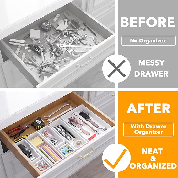 SpaceAid 7-Piece Bamboo Drawer Organizer Storage Boxes Set, Wood Tray Junk Drawer Organizers Multi-Use Divider Bins for Kitchen, Bathroom, Office Desk and Makeup Organization (7 Pack, White)-Ruum Studio Home