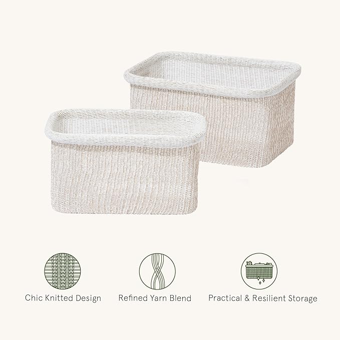 La Jolie Maison Blended Fabric Storage Baskets Set of 2, Rectangle Knitted Baskets for Organizing, Boho Decorative Baskets, Durable Finish, Oatmeal-Ruum Studio Home