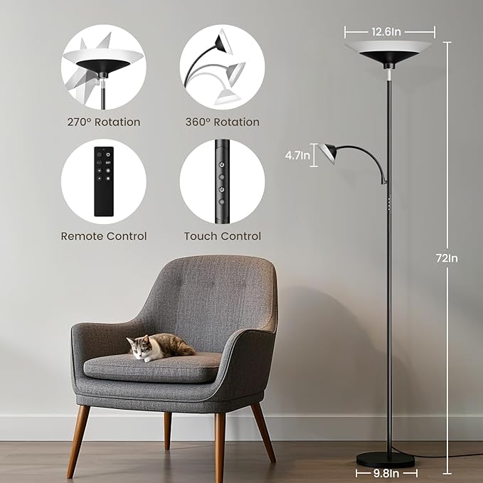 Upgraded 2-in-1 Torchiere Floor Lamp, Dimmable Standing Lamp with Remote&Touch Control, 34W Brightness Adjustable Floor Reading Light, Black Modern Corner Lamp for Living Room Bedroom Office-Ruum Studio Home