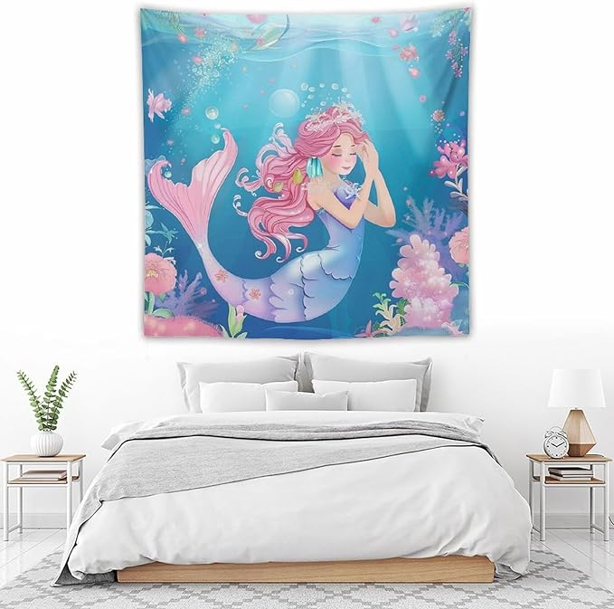HZOHNAGO Mermaid Girls Tapestry Watercolor Flowers Mermaid Princess Blessing Pattern for Kids Room Decoration Printed Wall Tapestry Wall Hanging for Bedroom Living Room Dorm 60" W x 60" H-Ruum Studio Home