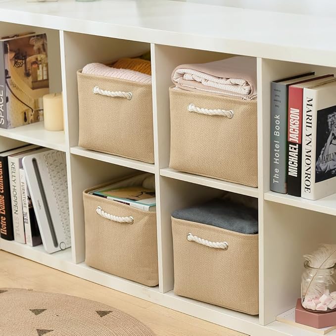 Organization and Storage Basket for Gifts Empty - 16x12x8 inch Large 4 Pack Fabric Storage Cube Collapsible Baskets for Shelves with Handles, Storage Box for Cloth Books Laundry Canvas(Beige)-Ruum Studio Home