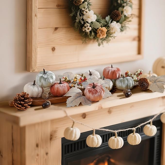 Artmag 25 PCS Pumpkin Decor Set, Artificial Fabric Pumpkins Decor with Acorns, Pinecones, Berries, Maple Leaves for Fall Halloween Thanksgiving Decorations Home Table-Ruum Studio Home