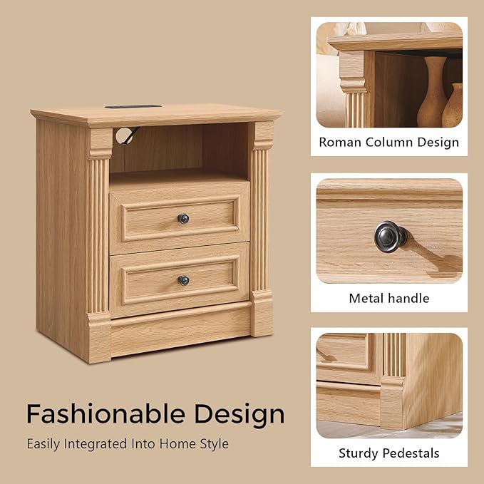 26" Tall Farmhouse Nightstand, 2 Drawers End Table w/Charging Station, 23.6" Wide Large Side Table w/Roman Column, Wood Rustic Sofa Table w/Open Shelf, Bedside Table for Bedroom, Natrual-Ruum Studio Home