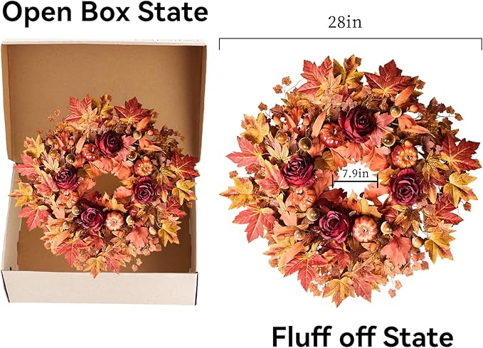 26'' Large Fall Wreath for Front Door, Autumn Wreaths for Outdoor Home Decor - Farmhouse Wreath with Maple Leaves, Pumpkins, Roses, Thanksgiving Decoration, Rustic Harvest Festival Door Hanging-Ruum Studio Home