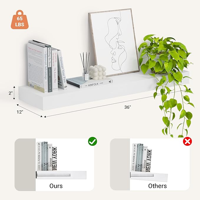 Heimlove 12" Deep Floating Shelves, 36 x 12 Inch Wall Mounted Long Floating Shelf with Invisible Brackets, for Home Decor, Bedroom, Kitchen, Living Room, Bathroom - 1 Pack, White-Ruum Studio Home