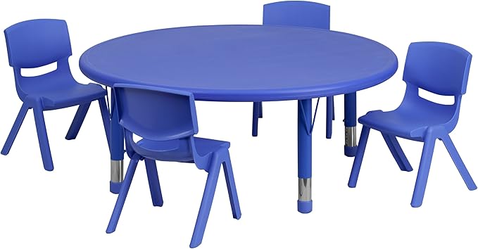 EMMA + OLIVER 45" Round Blue Plastic Adjustable Activity Table Set-4 Chairs-Ruum Studio Home