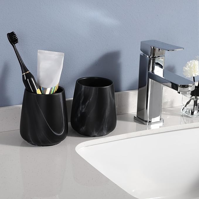 2Pcs Toothbrush Holder for Bathroom - Marble Black Ceramic Tooth Brushing Holders Set, Toothbrush Cup & Toothpaste Organizer for Bathroom Countertop, Makeup Brush Holder, Pen Holder for Home Storage-Ruum Studio Home