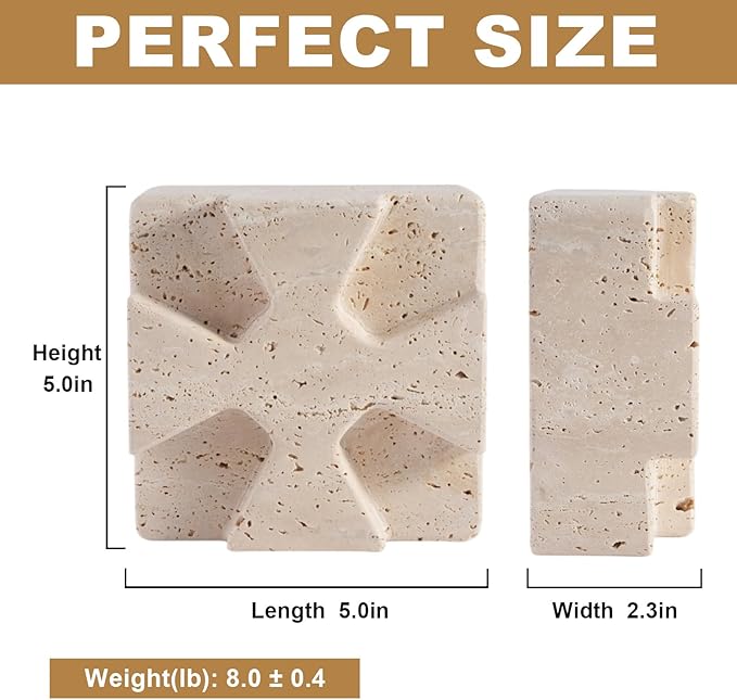 Natural Marble Bookends for Heavy Books, Heavy Duty Square Decorative Stone Book Ends for Shelves, Aesthetic Travertine Book Holder, Modern Office Bookshelf Stopper Decor, Beige, Set of 2-Ruum Studio Home