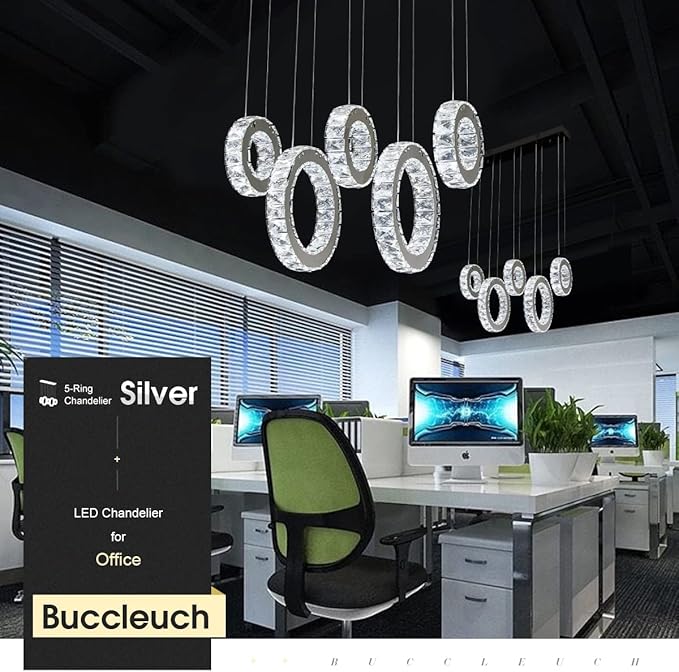 Buccleuch Modern Crystal Chandelier, Dimmable LED Ceiling Light Fixture 5-Ring Adjustable Stainless Steel Pendant Light, Silver Crystal Chandeliers for Dining Room, Bedroom, Living Room - Cool White-Ruum Studio Home