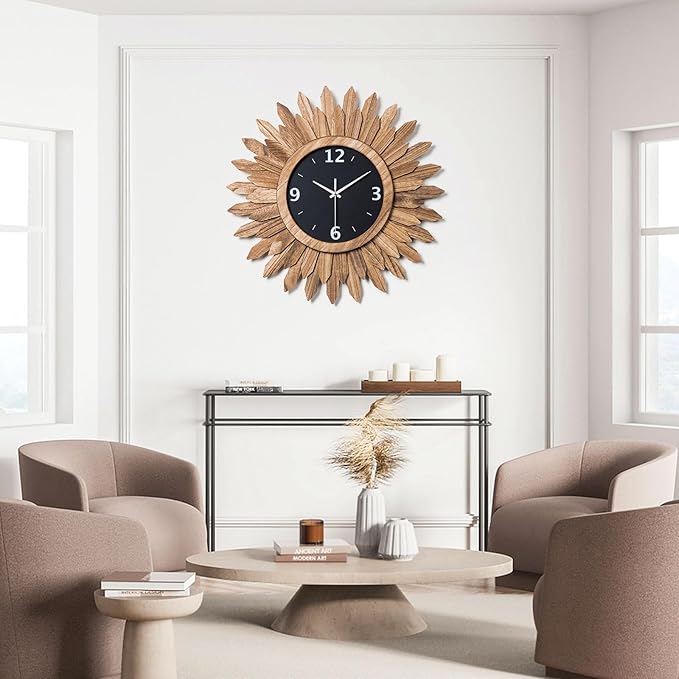 Honiway Large Wall Clock Battery Operated 21 in Rustic Wood Boho Sunburst Decorative Wall Clock Silent Non Ticking Farmhouse Wall Clocks for Living Room Bedroom Kitchen Bathroom Decor (Rustic Brown)-Ruum Studio Home