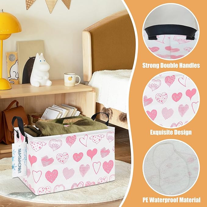 LANGYASHAN Rectangular Storage Bin Collapse Canvas Fabric Cartoon Storage Basket with Handles for Organizing Home Kitchen Boys and Girls Toys Office Closet Shelf Baskets (Rec Angel Heart)-Ruum Studio Home