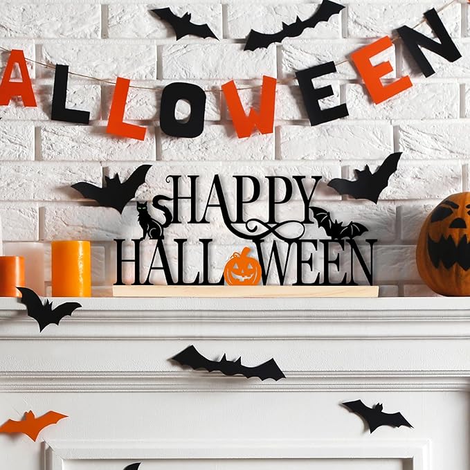 COCHIE Metal Happy Halloween Sign, Black Halloween Decorations for Home, Office, Shelf, Mantel, Indoor, Jack-o-lantern Decoration, Spooky Cat Bat Decor (Halloween)-Ruum Studio Home