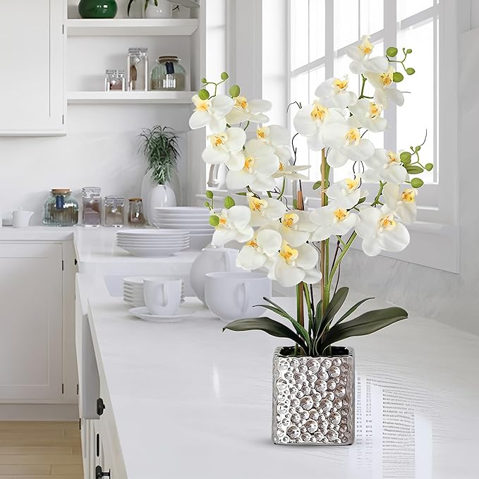 Orchid Artificial Flowers with Sliver Vase Large Silk Faux Phalaenopsis Flowers for Dining Room Table Floral Centerpieces Indoor Decoration,White-Ruum Studio Home