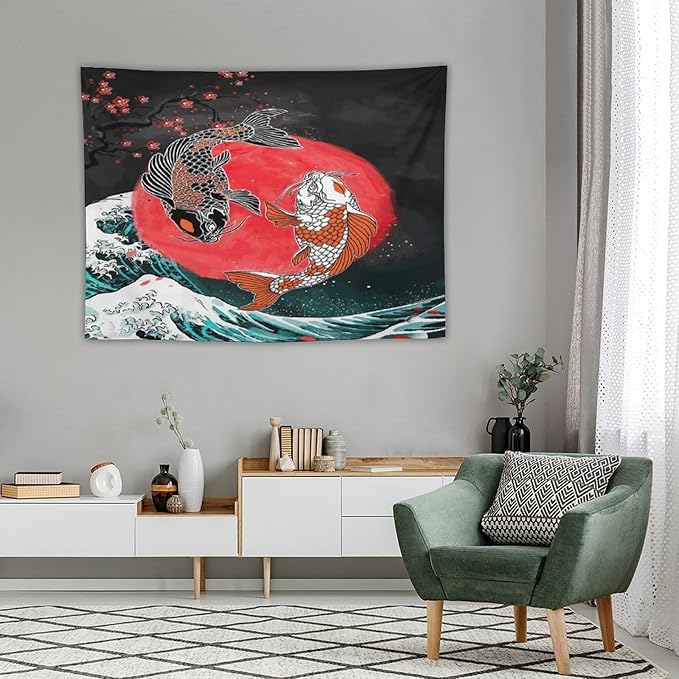Houselerax Koi Fish Tapestries,Japanese Style Yin Yang Big Wave Cherry Blossoms Tapestry Wall Hanging for Bedroom Living Room Office Decor 40"x30"-Ruum Studio Home