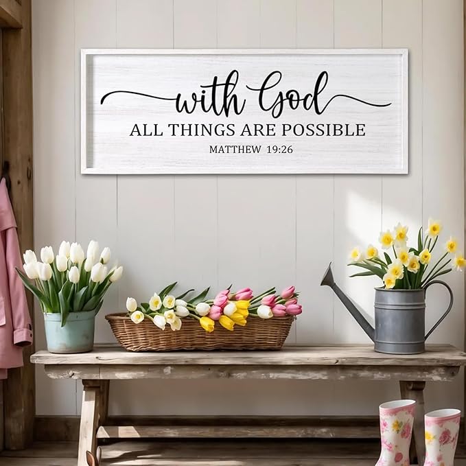 With God All Things are Possible Framed Wall Art, 40''×15'' White Holy Religious Rustic Bible Verse for Christian God Jesus Christ Prayer, Positive Horizontal Inspirational Catholic Scripture Decor-Ruum Studio Home