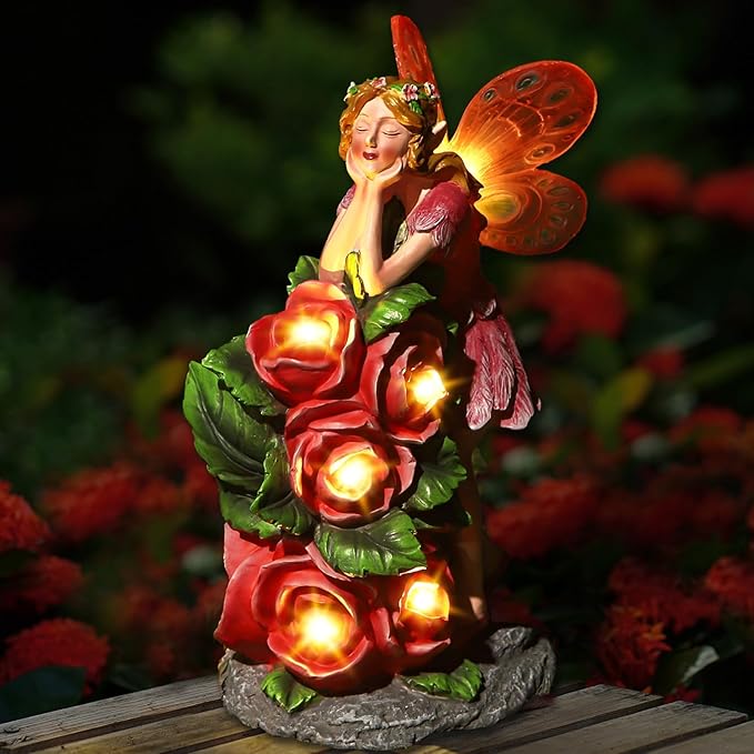 Solar Garden Outdoor Statues Cute Flower Fairy with 7 LED Solar Figurine for Lawn,Patio, Balcony, Yard Unique Housewarming Gift, for Woman, Mom, Grandma-Ruum Studio Home