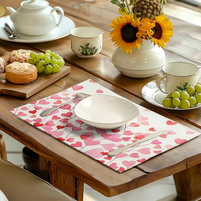 Pink Love Heart Valentine's Day Placemats Set of 4 Valentine Seasonal Holiday Linen Table Mats 12x18 Inch Anniversary Wedding Sweet Romantic Place Mats for Party Kitchen Dining Outdoor Indoor Decor-Ruum Studio Home