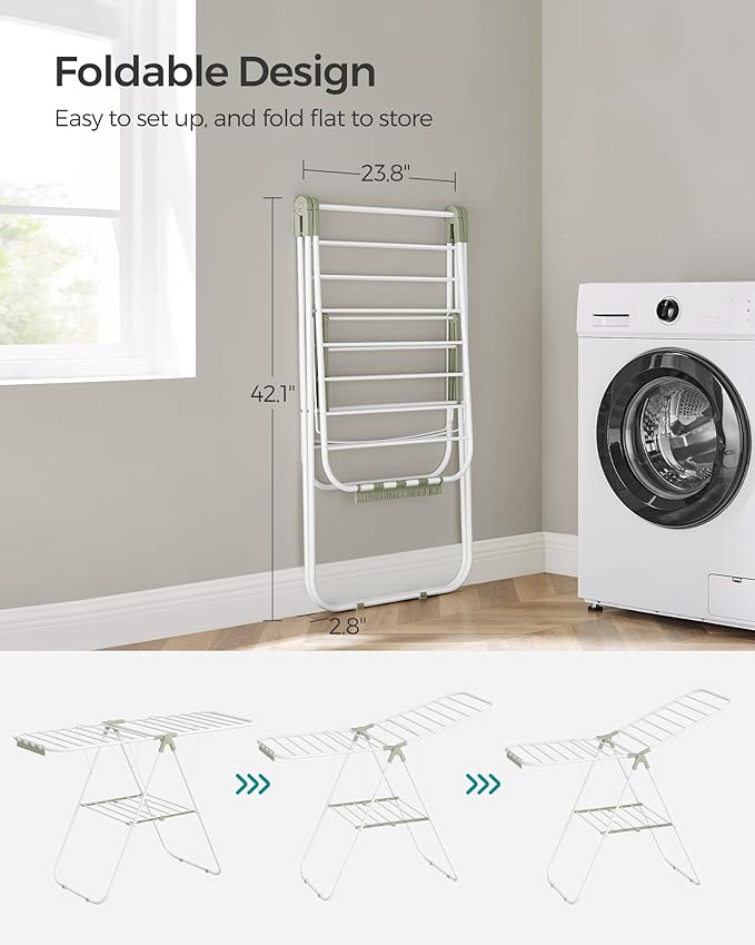 SONGMICS Clothes Drying Rack, with Sock Clips, Metal Laundry Rack, Foldable, Space-Saving, Free-Standing Airer, with 2 Height-Adjustable Gullwings, Indoor Outdoor Use, White and Green ULLR052C01-Ruum Studio Home