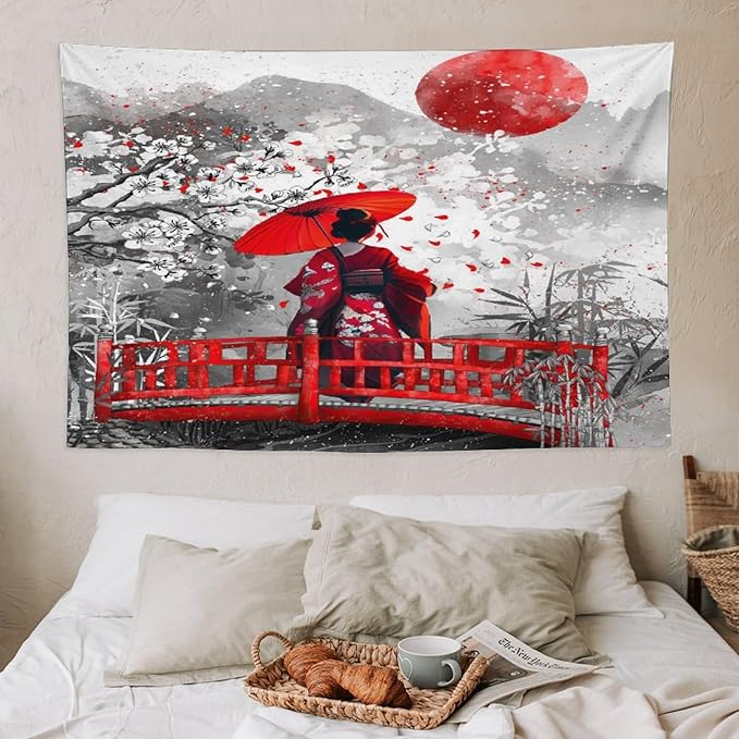 Japanese Red Geisha Tapestry Asian Cherry Blossom Red Sun Traditional Kimono Folk Tapestries Home Decor for Living Room Bedroom Apartment Farmhouse Dorm 60"x40"-Ruum Studio Home