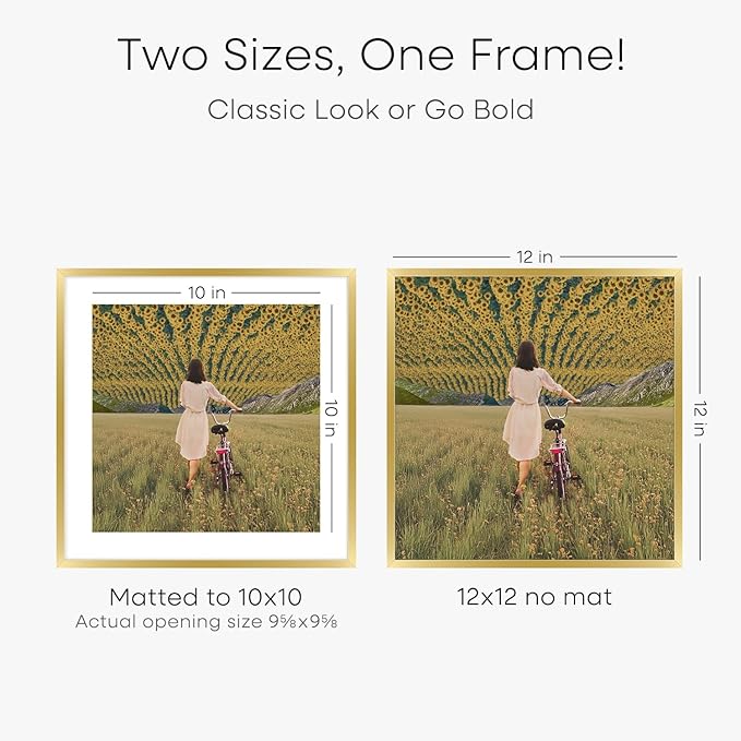 Homeforia 12x12 Picture Frame Gold, High End Metal 12 x 12 Square Poster Frame with Mat 10 x 10 Photo, 12x12 Frame Matted to 10x10 Print, 12by12 Gold Hanging Frames, Tempered Glass, Wall Kit, Set of 1-Ruum Studio Home