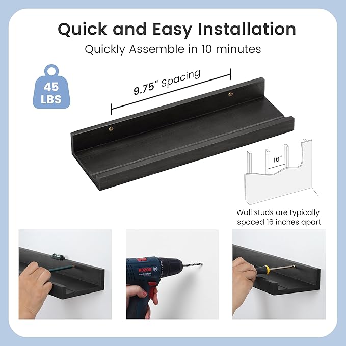 Picture Ledge Shelf for Wall, 16 inch Solid Pine Wood Nursery Book Shelves 2 Packs, Floating Ledge Shelves for Kids' Room Bedroom Bathroom Living Room Photo Frames Office Nursey Wall Decor, Black-Ruum Studio Home