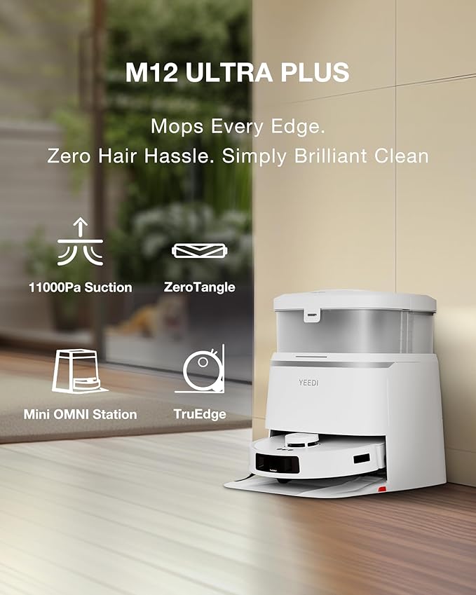 Yeedi M12 Ultra Plus Robot Vacuum and Mop, Upgrade 11800Pa Strong Suction, ZeroTangle Technology, TruEdge Deep Mopping, Auto Mop Washing/Drying, Auto-Lift Mopping, Mini Omni Station, White-Ruum Studio Home