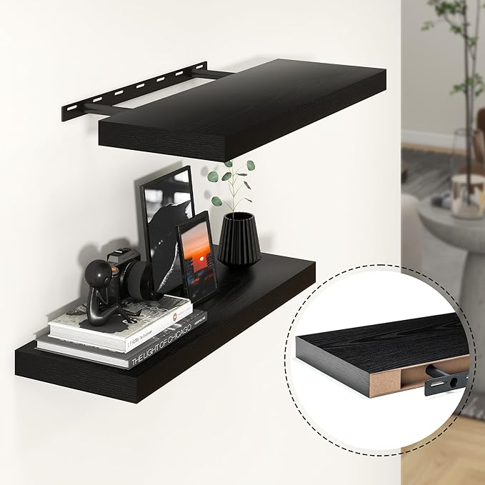 Heimlove 24 inch Floating Shelves for Wall,9.3 inch deep Black Wood Shelves with Invisible Brackets,Wall Mounted Storage & Display Shelves for Bedroom,Living Room,Set of 2-Ruum Studio Home