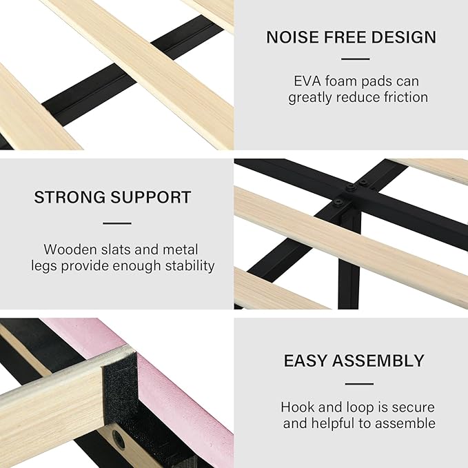 King Size Bed Frame with Headboard, Velvet Upholstered Platform Bed with Vertical Channel Tufted Design, No Box Spring Required, Easy Assembly, Pink-Ruum Studio Home