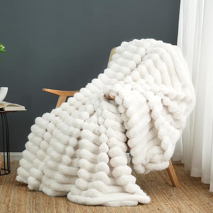 Cozy Bliss Faux Fur Throw Blanket for Couch, Cozy Warm Plush Striped Blanket for Sofa Bedroom Living Room, 50 * 60 Inches Cream White-Ruum Studio Home