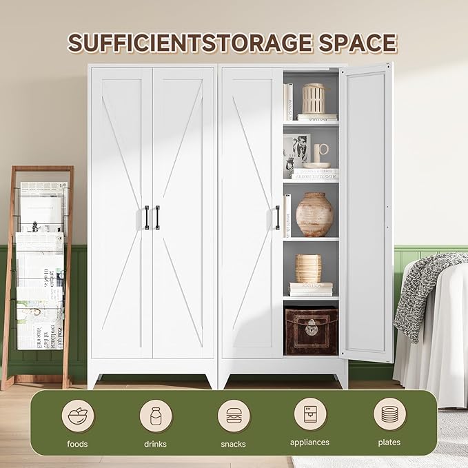 Letaya Storage Cabinet,75" H Metal Kitchen Pantry Cabinets with Doors and Adjustable Shelves,Pantry Organizers for for Cupboard/Office/Garage Room,White-Ruum Studio Home