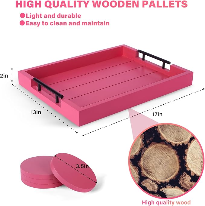 Ottoman Tray | Coffee Table Tray Decorative, Serving Tray with Handles - 17x13 Inch Wood Tray for Coffee Table Tray - with 4 Wooden Coasters -Tray for Ottoman, Breakfast-Ruum Studio Home