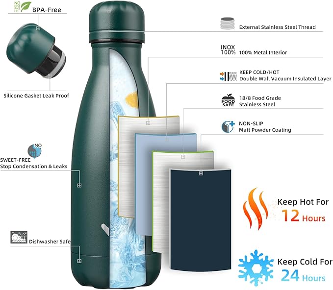 Insulated Water Bottles,12 oz Double Wall Stainless Steel Vacumm Metal Flask for Sports Travel,Army Green-Ruum Studio Home