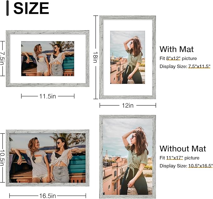 Vittanly 11x17 Picture Frames Set of 9, Shatter Resistant Plexiglass, Display 8x12 Pictures with Mat or 11x17 without Mat, Photo Frames for Wall Mount, Engineered Wood, Grey-Ruum Studio Home
