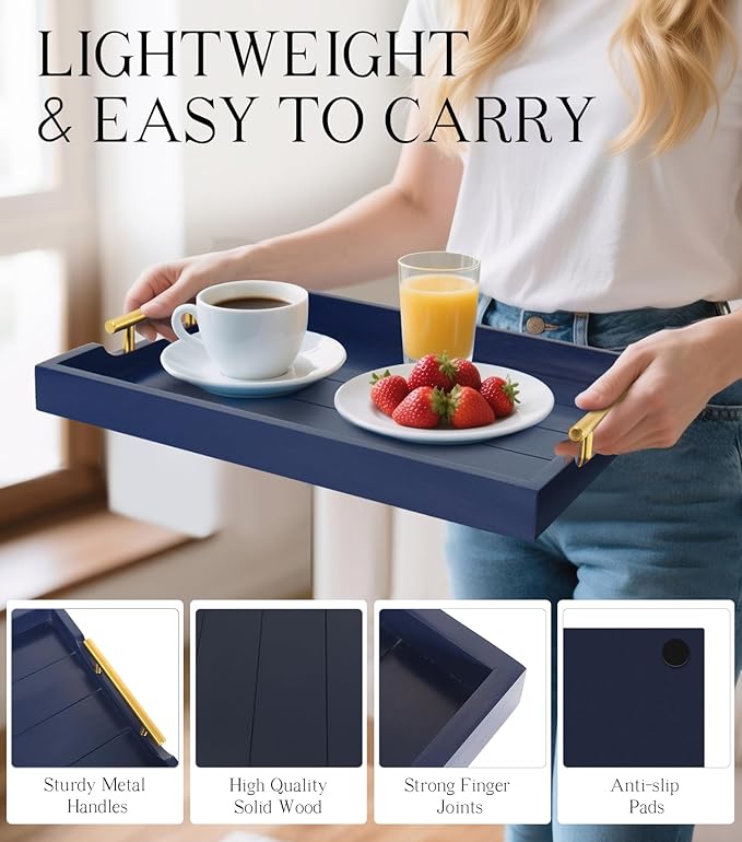 Coffee Table Tray - Large Ottoman Tray for Living Room - Wood Serving Tray with Handles(2 Sets) - Wooden Trays for Coffee Tables, 4 Round Coasters Included, Deep Blue-Ruum Studio Home