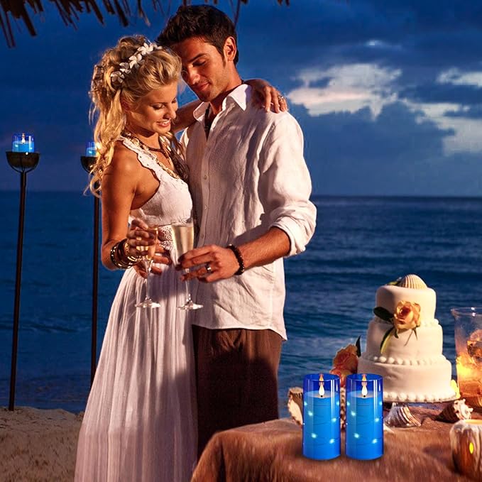 NURADA 3"x6"Flickering Flameless Candles: Built-in Star String 3D Wick Battery Operated LED Candles with Remote and Timer for Wedding Valentine's Day Decor, Blue 2 Pack-Ruum Studio Home