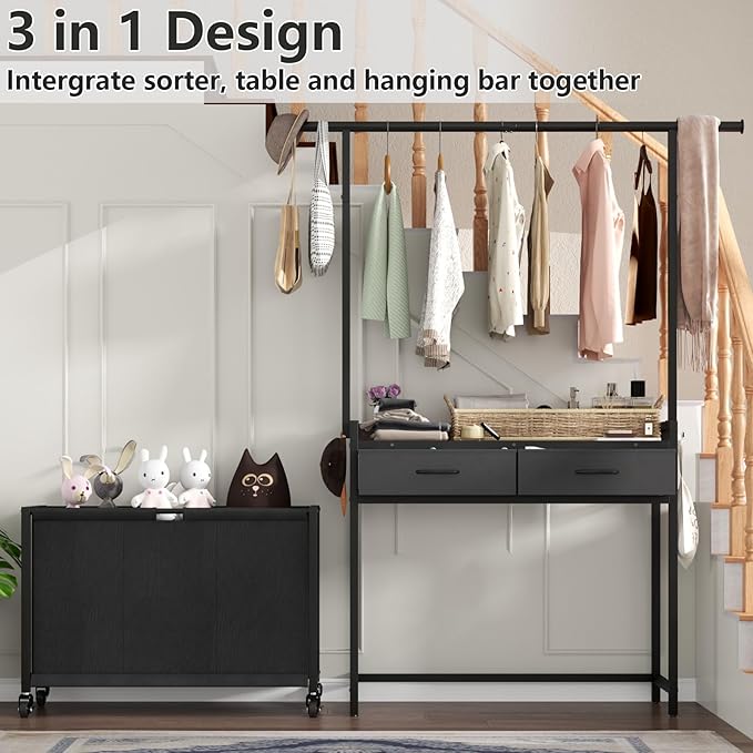 Laundry Sorter Hamper with Hanging Cloth Rack, Laundry Basket with 3 Section Pull-Out Rolling Bags, Laundry Sorter for Organization and Storage with 2 Drawers for Laundry Room (Vinatge Brown)-Ruum Studio Home