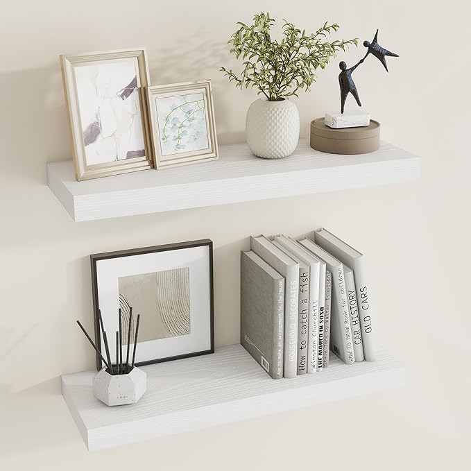 24 inch Floating Shelves Long Floating Shelves for Wall Large Wall Mounted Shelves with Invisible Brackets, White Shelves for Bathroom, Living Room, Kitchen, Office, 24x6.7 inch deep Set of 2-Ruum Studio Home