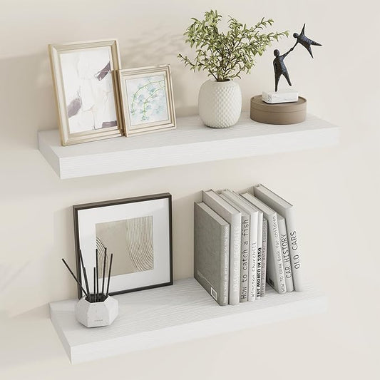 24 inch Floating Shelves Long Floating Shelves for Wall Large Wall Mounted Shelves with Invisible Brackets, White Shelves for Bathroom, Living Room, Kitchen, Office, 24x6.7 inch deep Set of 2-Ruum Studio Home