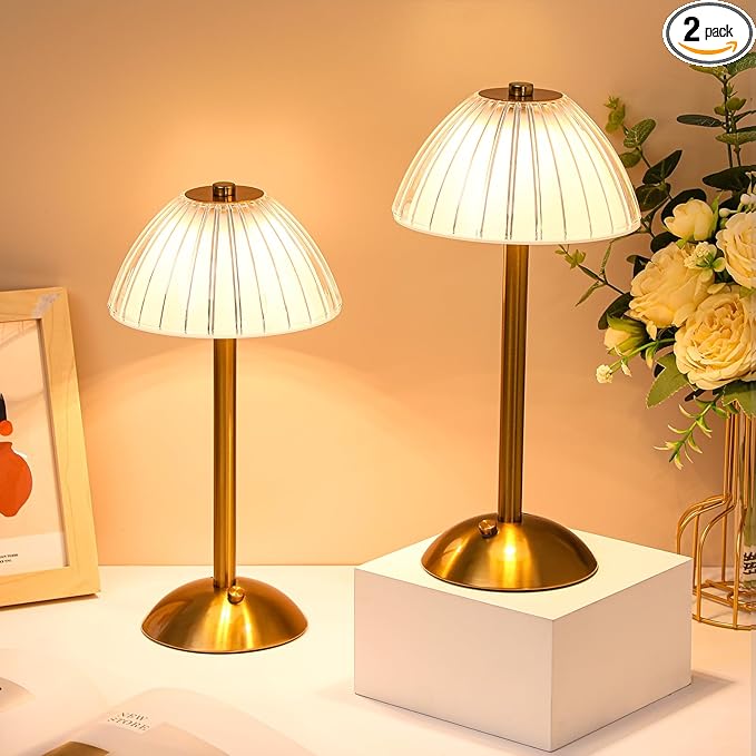 Liliful 2 Pcs LED Portable Cordless Table Lamp Touch Battery Operated Rechargeable Desk Lamp 3 Color Dimmable for Bedroom Living Room Dining (Mushroom Style,Gold)-Ruum Studio Home