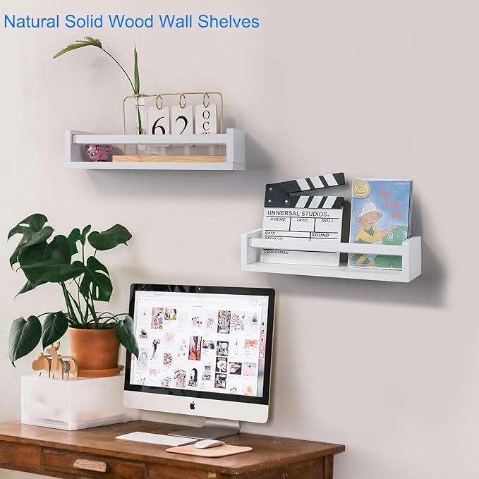 Nursery Book Shelves | Set of 2 Wood Floating Shelves for Kids Room, Kitchen Spice Rack, or Rustic Wall Mounted | Farmhouse Bathroom Décor (White)-Ruum Studio Home