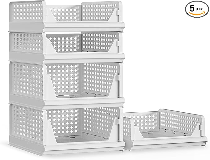5 Pack Stackable Plastic Storage Basket Closet Organizer Bin Foldable Clothes Organizer Storage Drawer Shelf Container for Living room Bathroom Kitchen Office (2L+3S)-Ruum Studio Home
