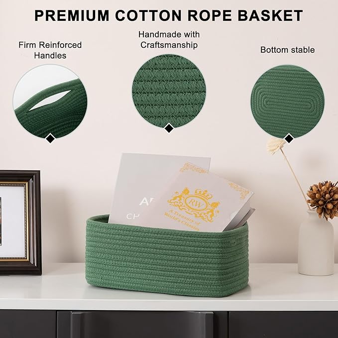 4 Pack Small Storage Shelf Baskets for Organizing, Mini Woven Rope Storage Bins for Towels, Cute Decorative Closet Organizer，Baby Nursery, Gift Empty Baskets -11.81''Lx7.87''Wx4.72''H-Green-Ruum Studio Home