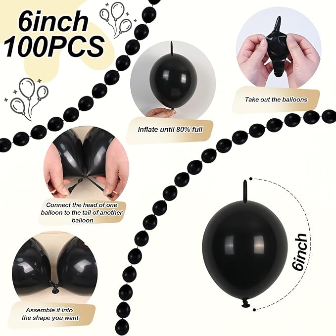 Black Quick Link Balloons, 100PCS Linking Balloons for Make Balloon Wall Balloon Arch Balloon Chains, Linkable Balloons for Wedding Birthday Baby Shower Engagement Graduation Party Decorations (6inch)-Ruum Studio Home