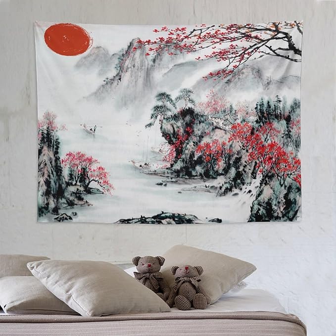 Cherry Blossoms Tapestry,Japanese Red Landscape Asian Watercolor Abstract Art Tapestry, Asian Japanese Wall Tapestry, Nature Landscape Tapestries for Bedroom Living Room Decor 80"x60"-Ruum Studio Home